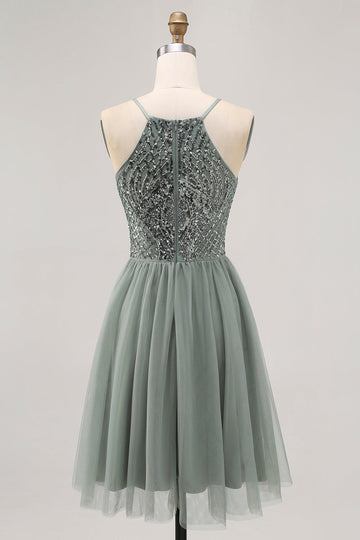 Grey Green A-line Tulle Sequins Short Prom Dress with Sequins